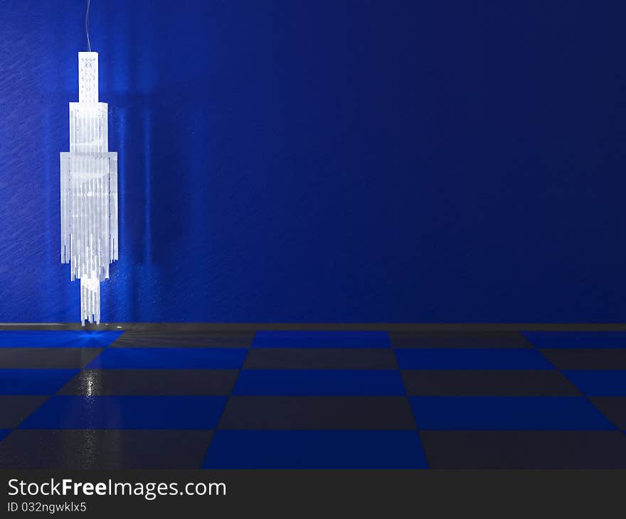 Interior design, crystal chandelier in front of blue wall, minimalism, rendering