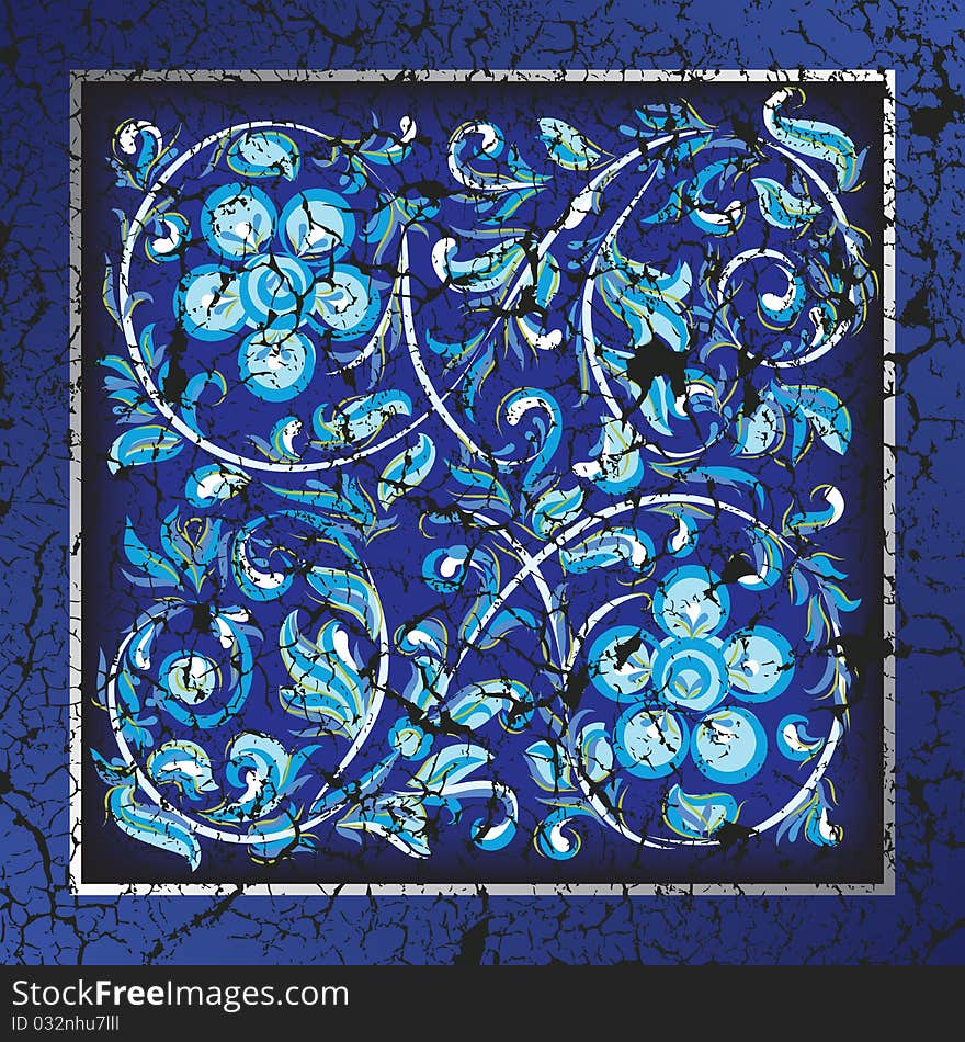 Abstract background with cracked floral ornament on blue