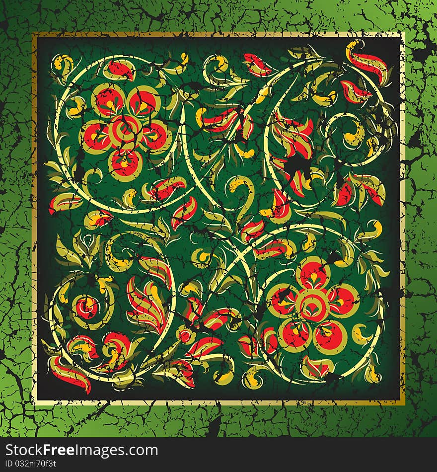 Abstract background with cracked floral ornament on green