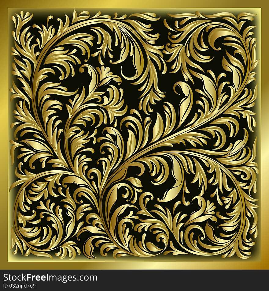 Abstract background with gold floral ornament on black