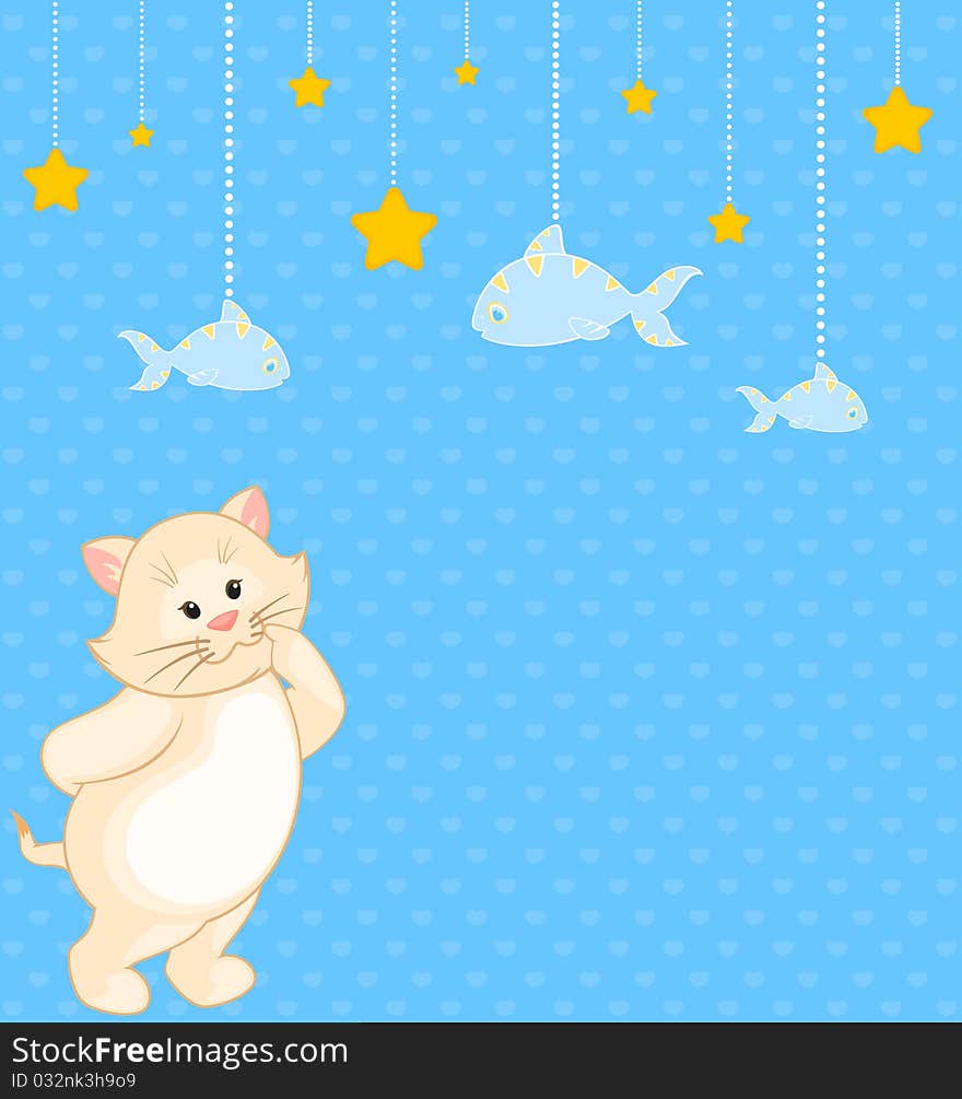 Cartoon little kitten with fish.illustration for a design