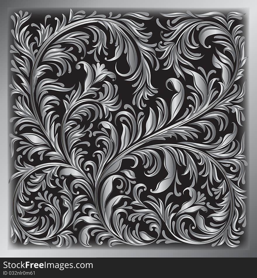 Abstract background with silver floral ornament on black. Abstract background with silver floral ornament on black