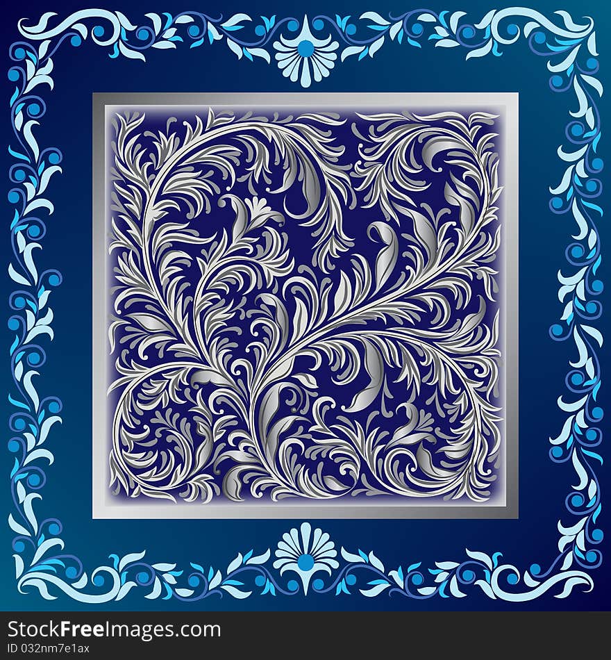 Abstract blue background with silver floral ornament on black. Abstract blue background with silver floral ornament on black