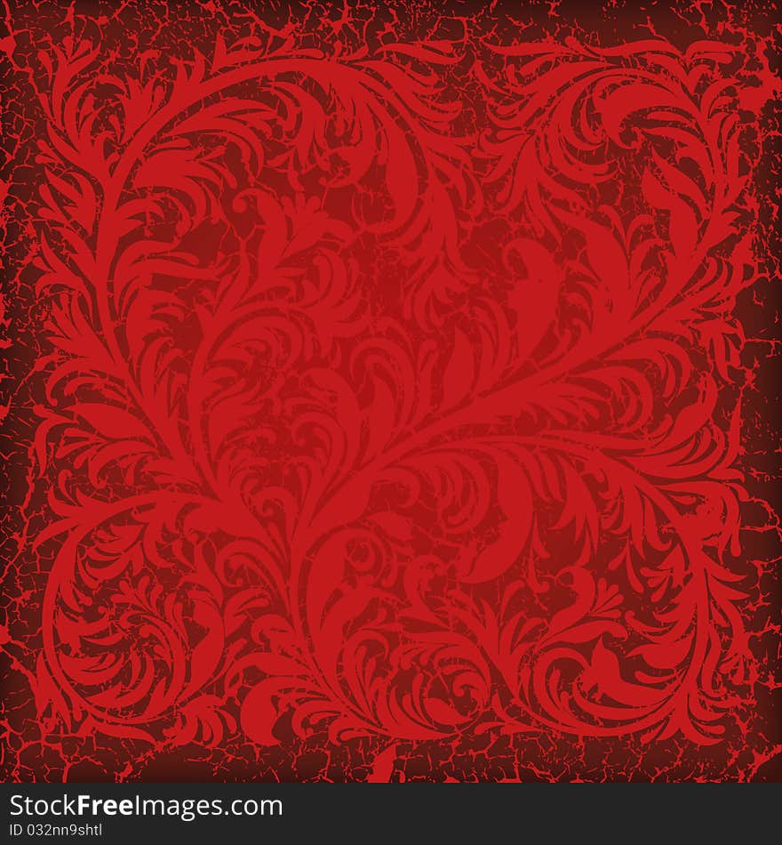 Abstract cracked background with red floral ornament on brown. Abstract cracked background with red floral ornament on brown