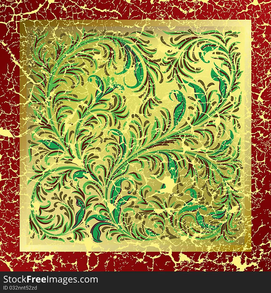 Abstract golden background with cracked floral ornament. Abstract golden background with cracked floral ornament