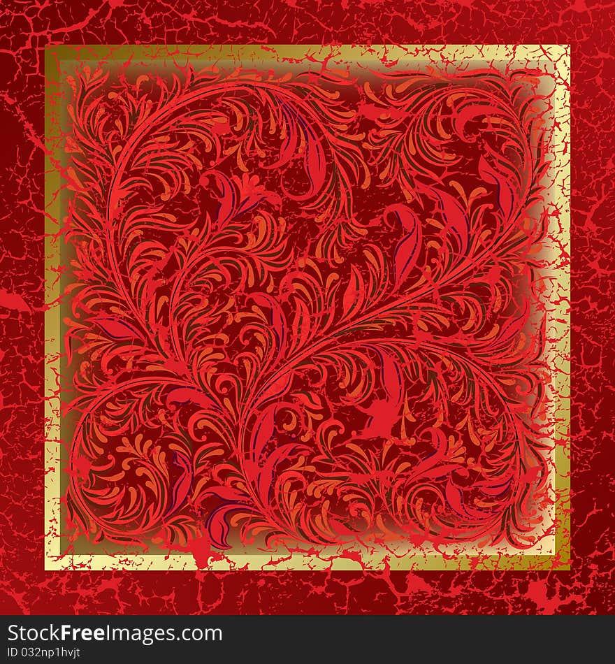 Abstract red background with cracked floral ornament