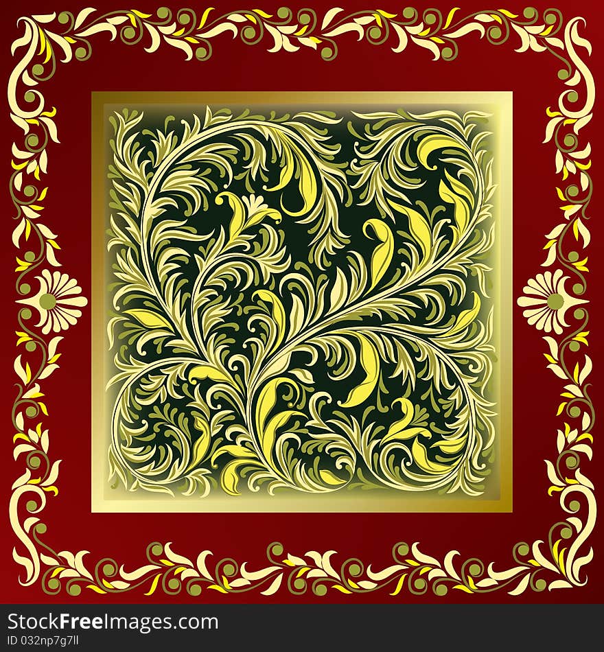 Abstract red background with golden floral ornament on black. Abstract red background with golden floral ornament on black