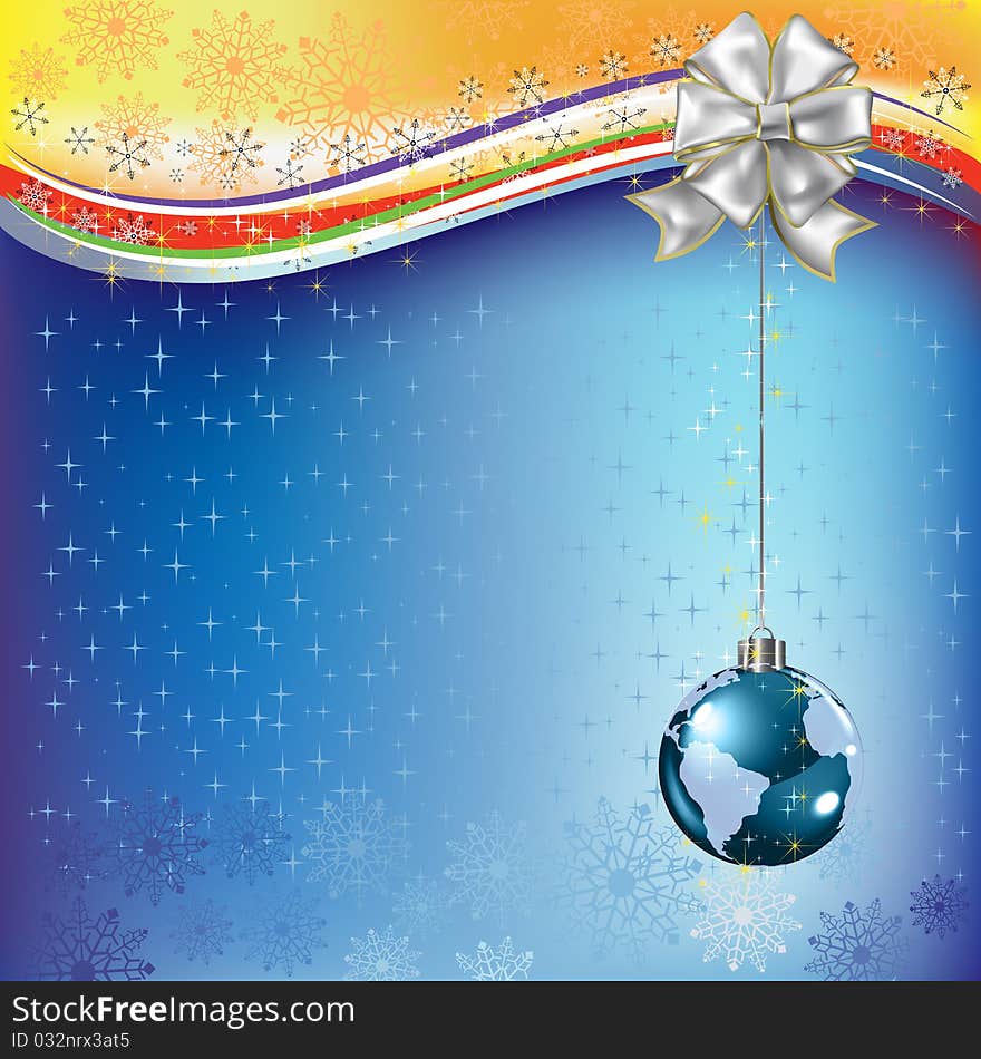 Christmas greeting planet earth with white bow on a blue