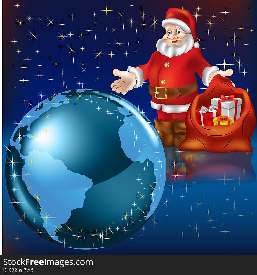 Santa Claus with gifts and planet earth. Santa Claus with gifts and planet earth