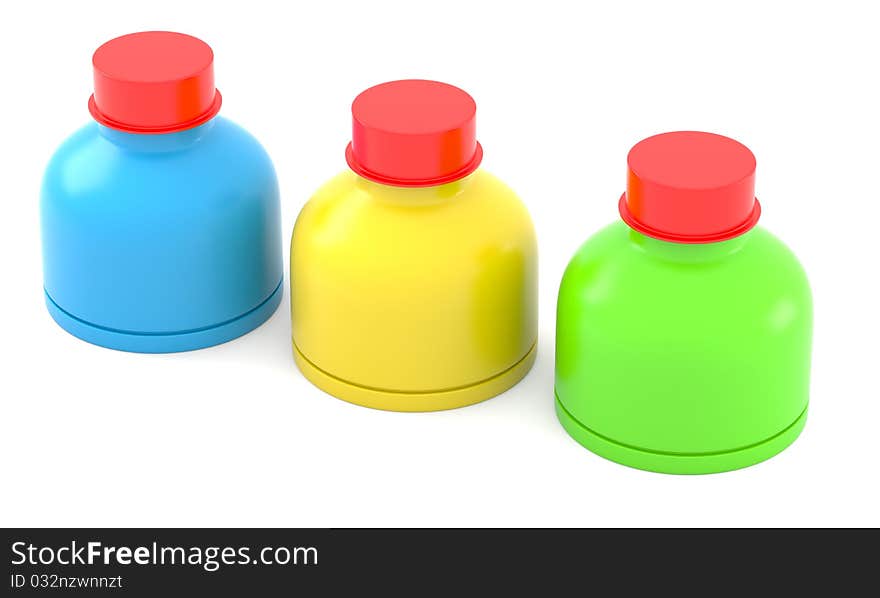 Three color plastic bottles isolated on white background