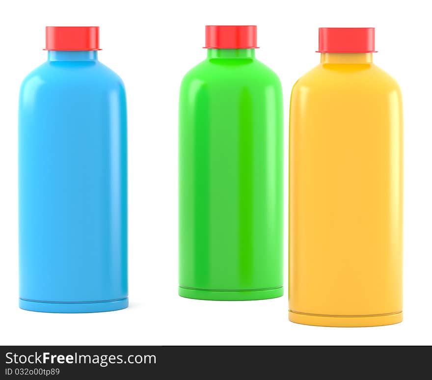 Three color plastic bottles isolated on white background