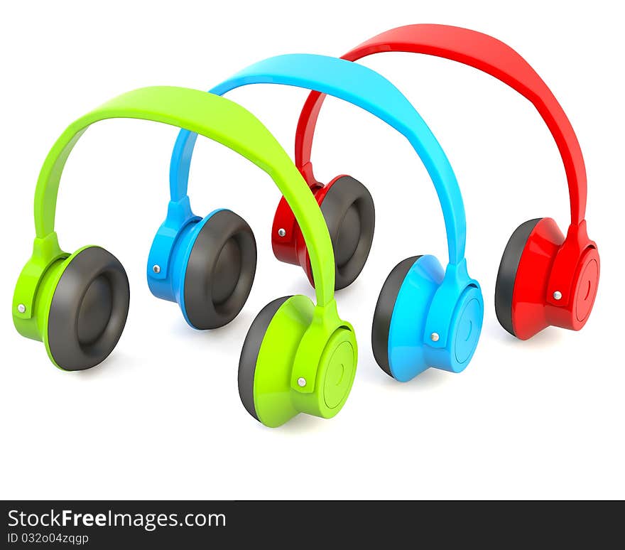 Green, blue and red headphones