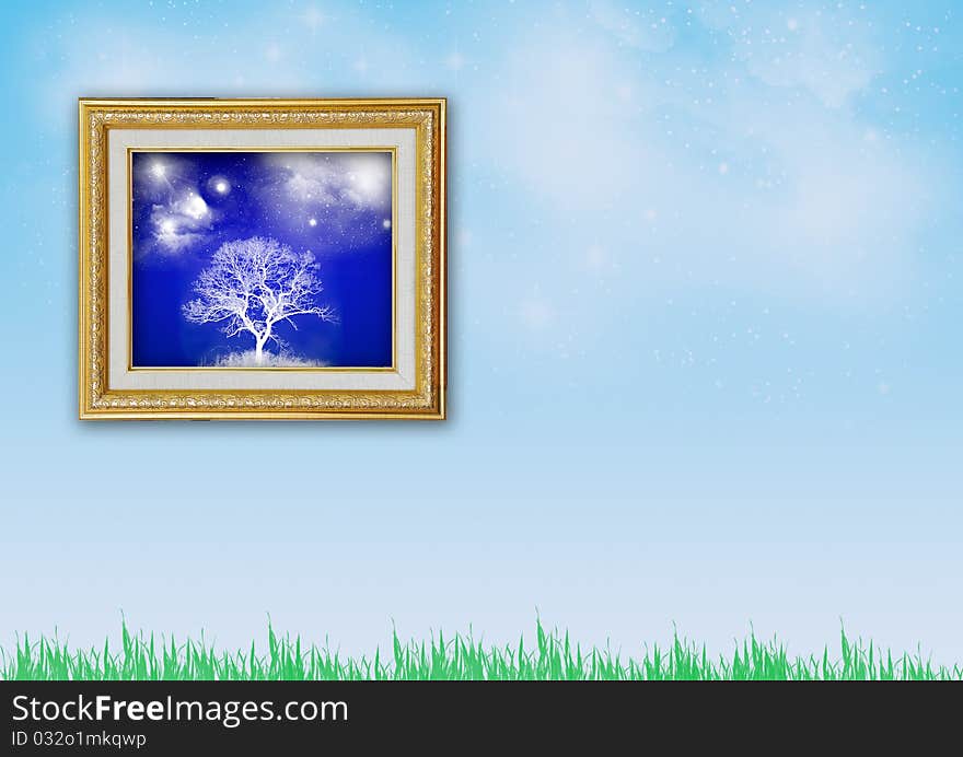 Golden Picture Frame on Blue Sky Bckground. Golden Picture Frame on Blue Sky Bckground