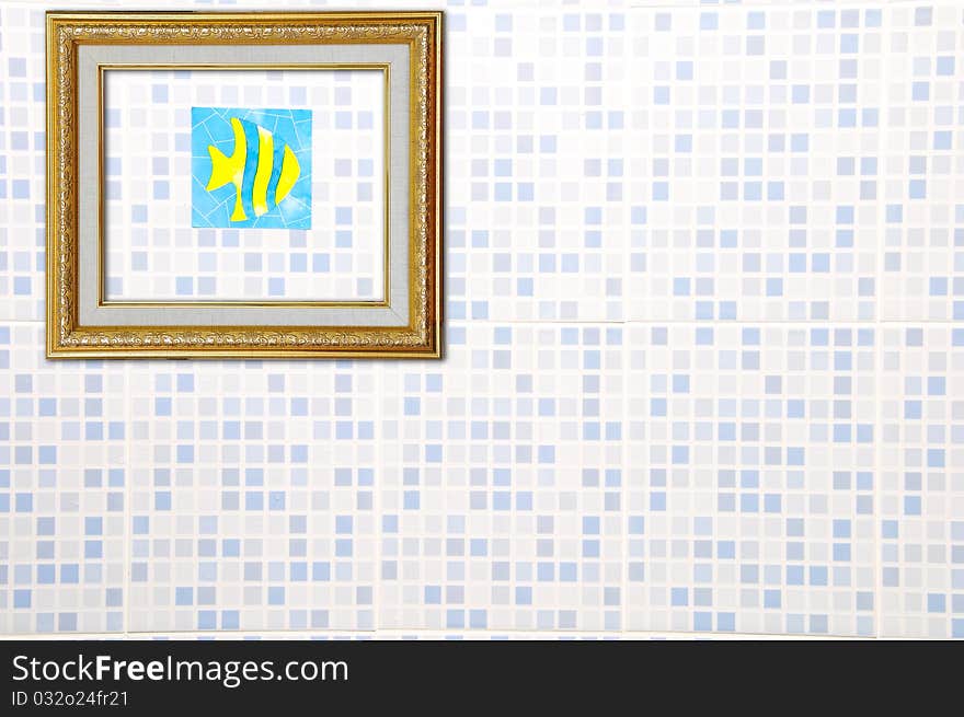 Gold Picture Frame on Ceramic Wall with fish sticker