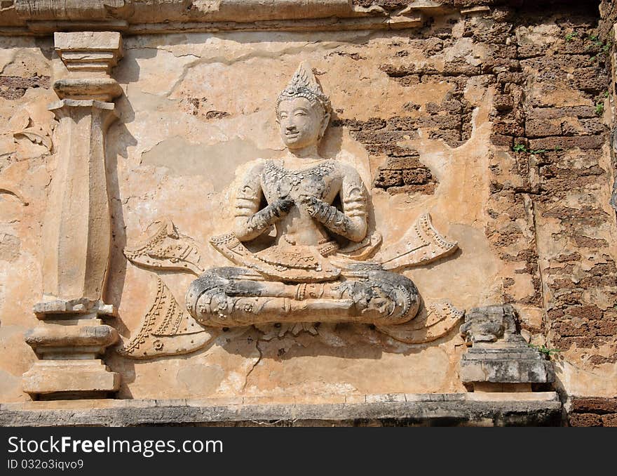 Lanna ancient wall in thai temple at wat jed yod temple.