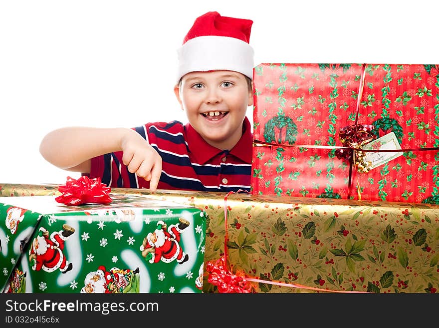 Christmas boy and large presents. Christmas boy and large presents