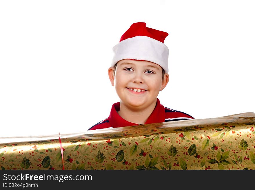 Christmas boy and a large present. Christmas boy and a large present