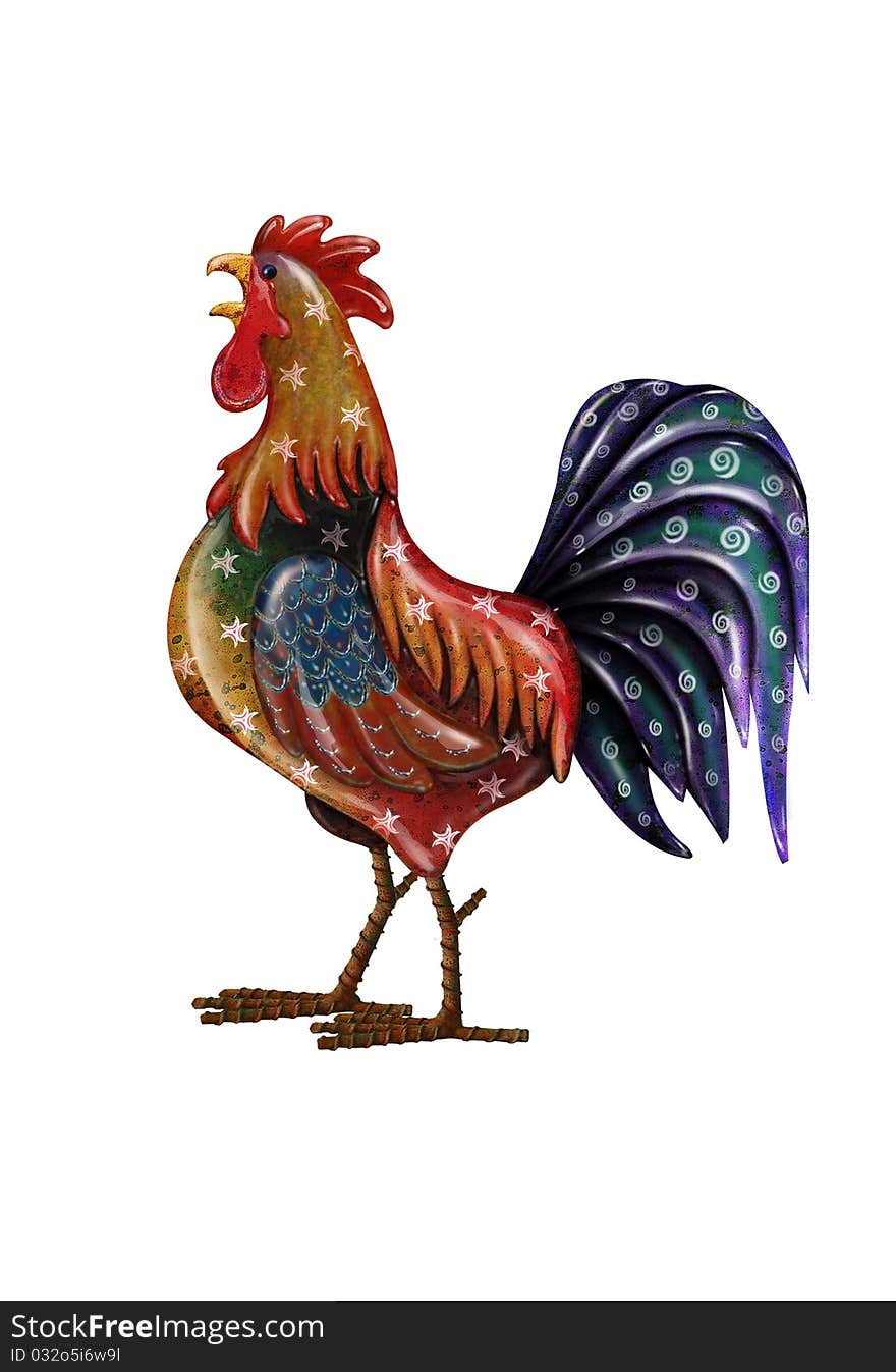 A beautiful cock with noen light on white background