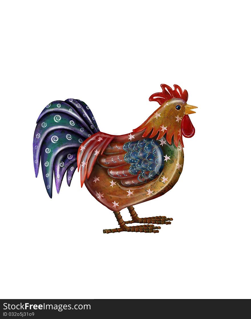 A beautiful cock with noen light on white background