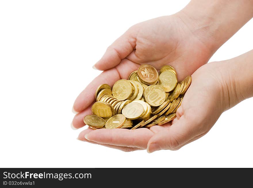 Hands with coins isolated on white background close up