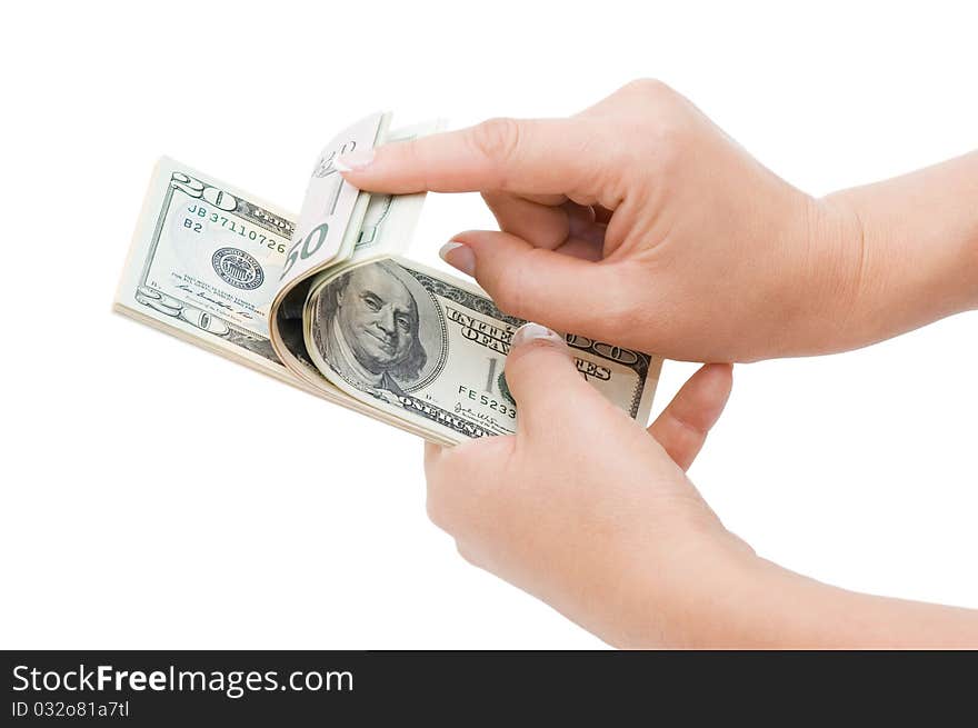 Hand counting money isolated on white background