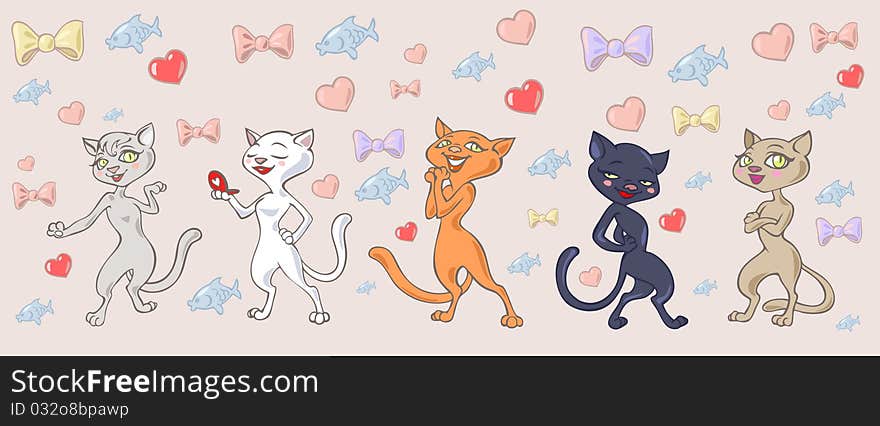 Funny pretty cats posing on the background of different decorative elements like hearts, fish and bows. Funny pretty cats posing on the background of different decorative elements like hearts, fish and bows