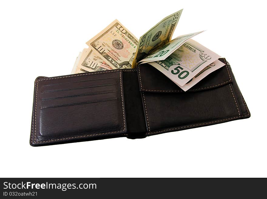 Simple brown purse with the American money (on a white background, a leather purse). Simple brown purse with the American money (on a white background, a leather purse)