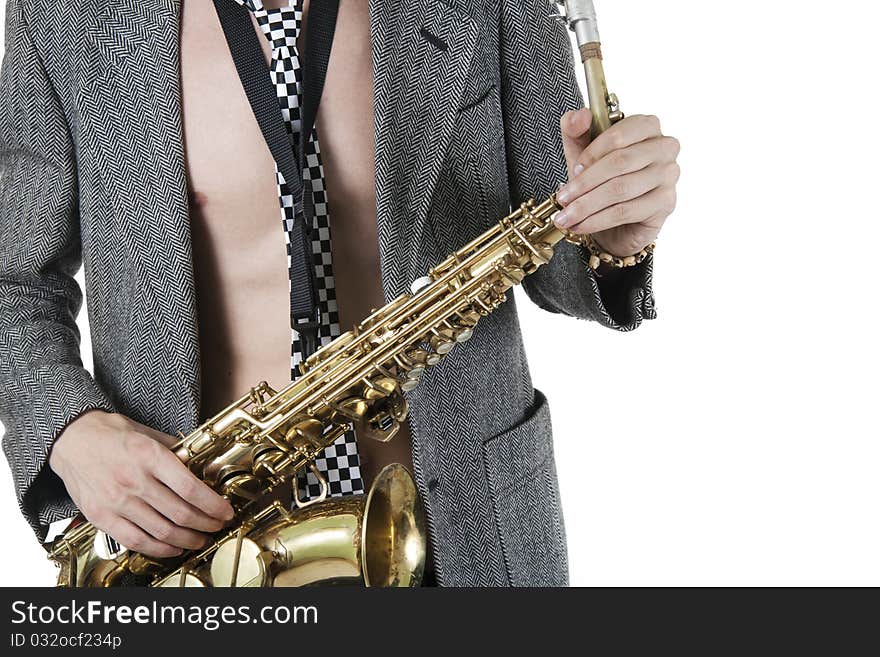 Closeup man holding saxophone