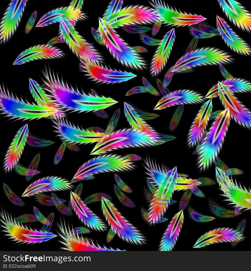 Flying feathers。Colors of the rainbow。Black background。. Flying feathers。Colors of the rainbow。Black background。