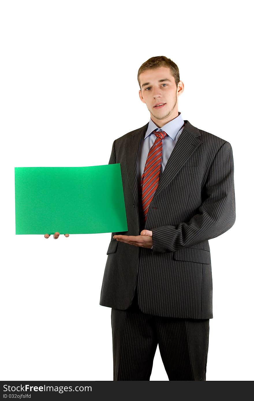 Young businessman with an empty flip-chart