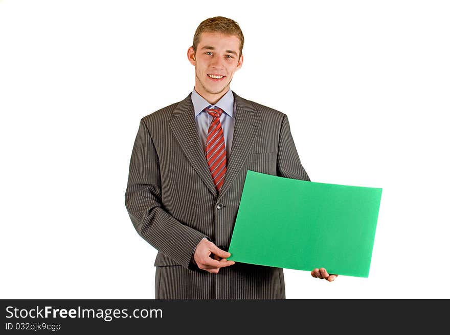 Young businessman with an empty flip-chart