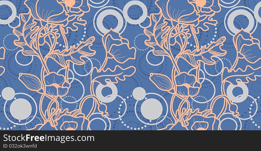 Pattern with poppies, circles on the blue background. Pattern with poppies, circles on the blue background