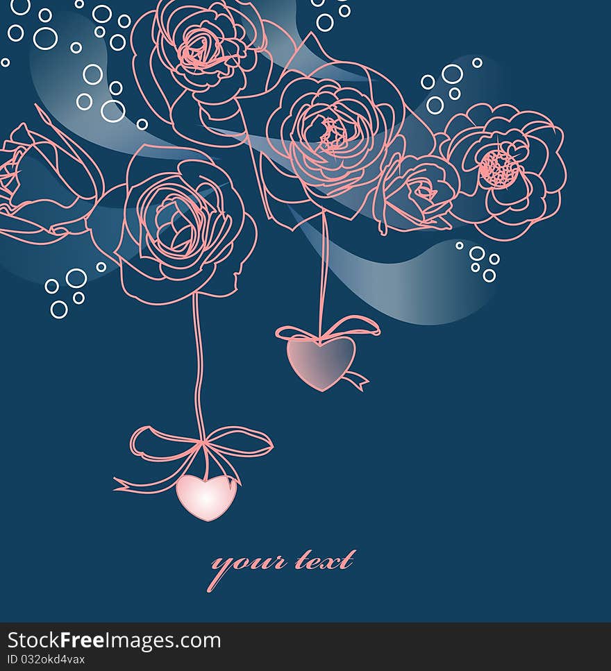 Card with pink roses, two hearts on the ribbons, place for text. Card with pink roses, two hearts on the ribbons, place for text