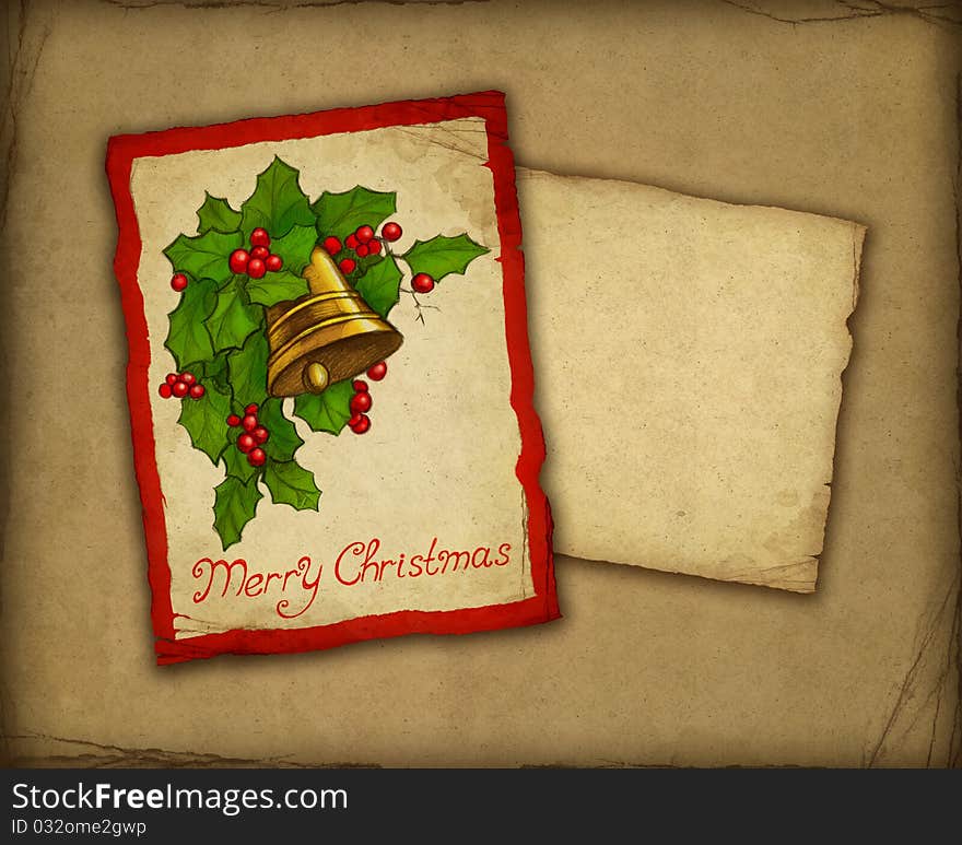 Christmas greeting card with illustration of bell and holly berry