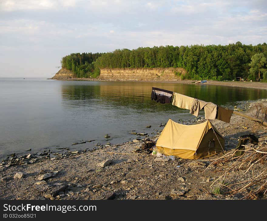 Tourist tent on river bank of Volga in Russia. Tourist tent on river bank of Volga in Russia