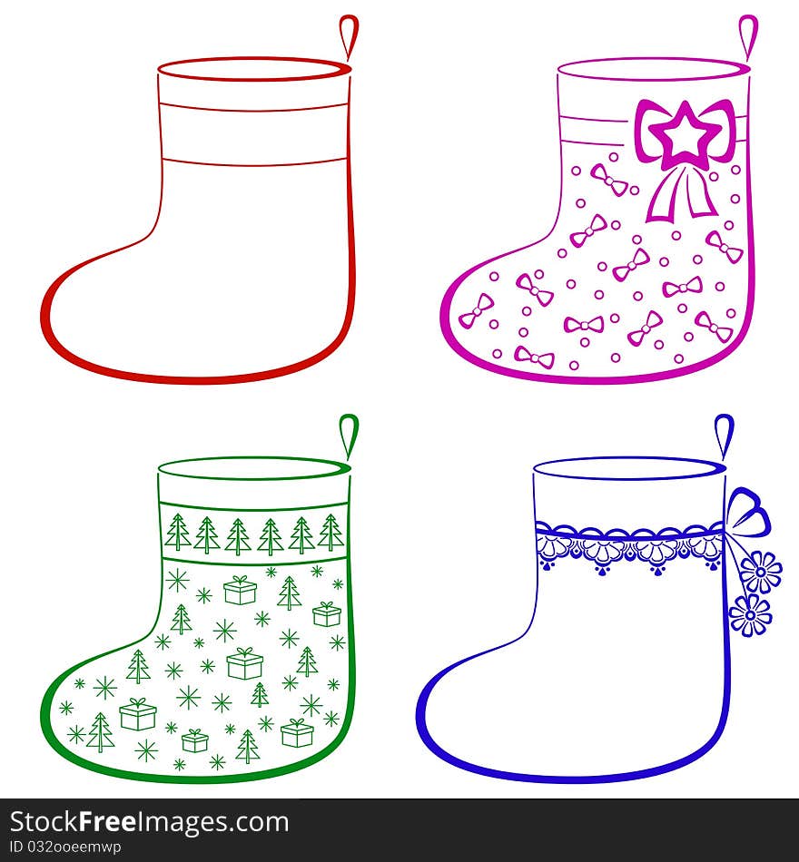 Christmas stockings for gifts decorated, monochrome pictogram, set, isolated. Christmas stockings for gifts decorated, monochrome pictogram, set, isolated