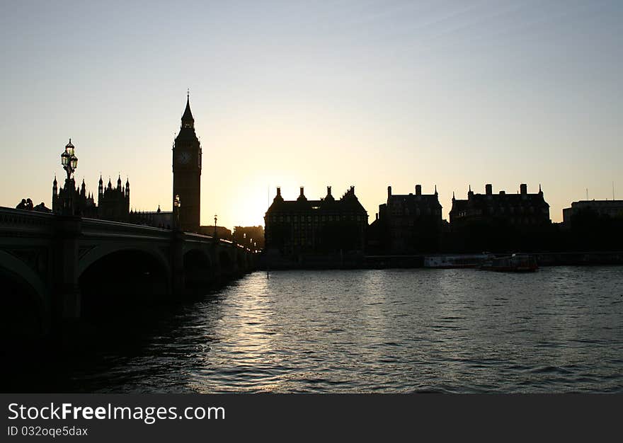 Big Ben and Westminster Bridge at sunset