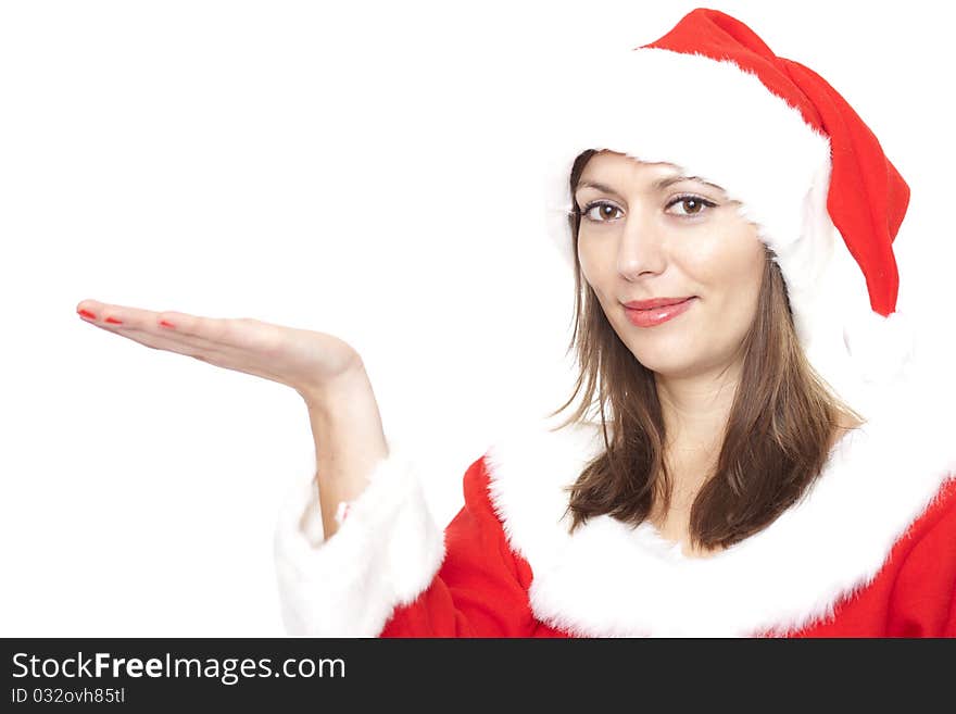 Christmas woman with a open hand looking into the camera