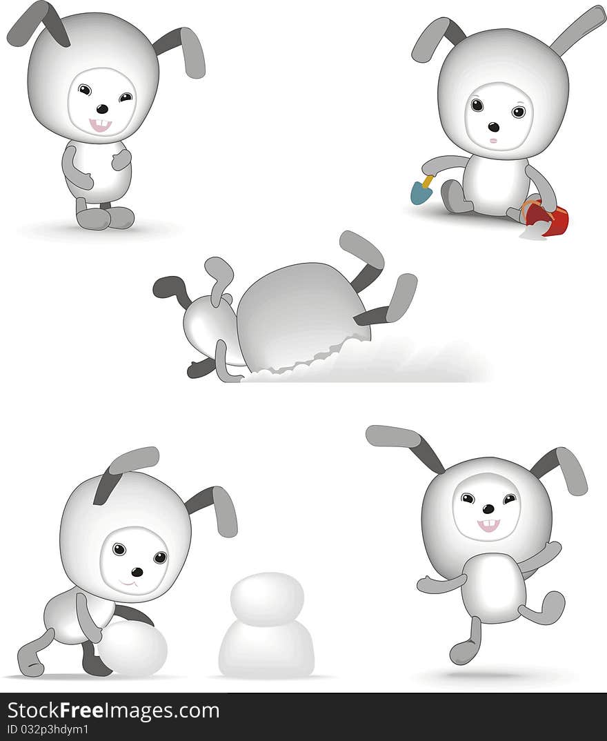 An illustration of five cute bunny playing at snow. An illustration of five cute bunny playing at snow