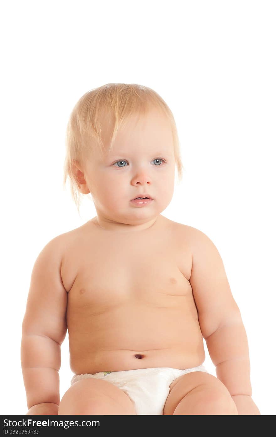 Portrait of calm young sitting baby on white