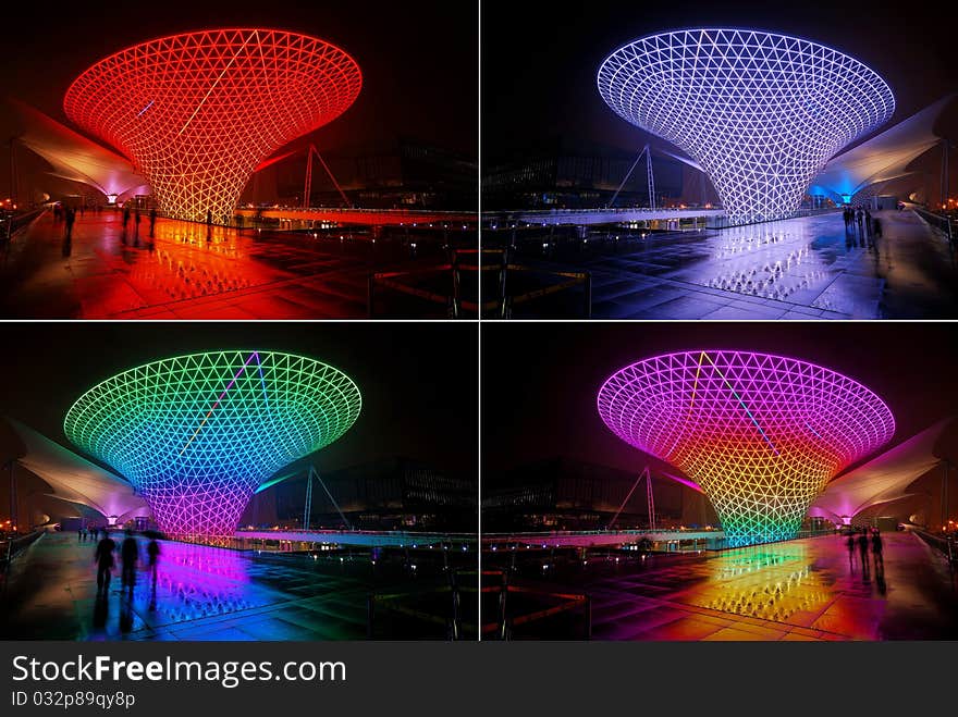 Night view of Shanghai World Expo - expo axis. Collage of four pictures. Night view of Shanghai World Expo - expo axis. Collage of four pictures.