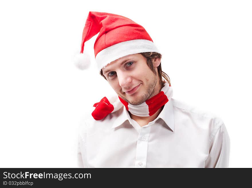 Young man in the Santa Claus hat, isolated on a white background