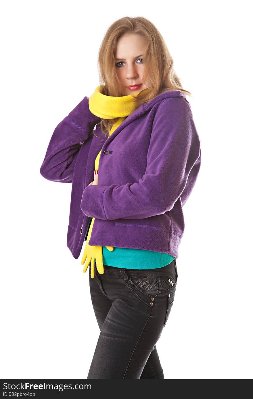 Girl in a purple jacket with a yellow scarf isolated on a white background. Girl in a purple jacket with a yellow scarf isolated on a white background