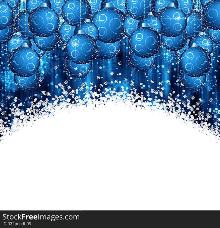 Blue and white Christmas background with snowflakes and balls