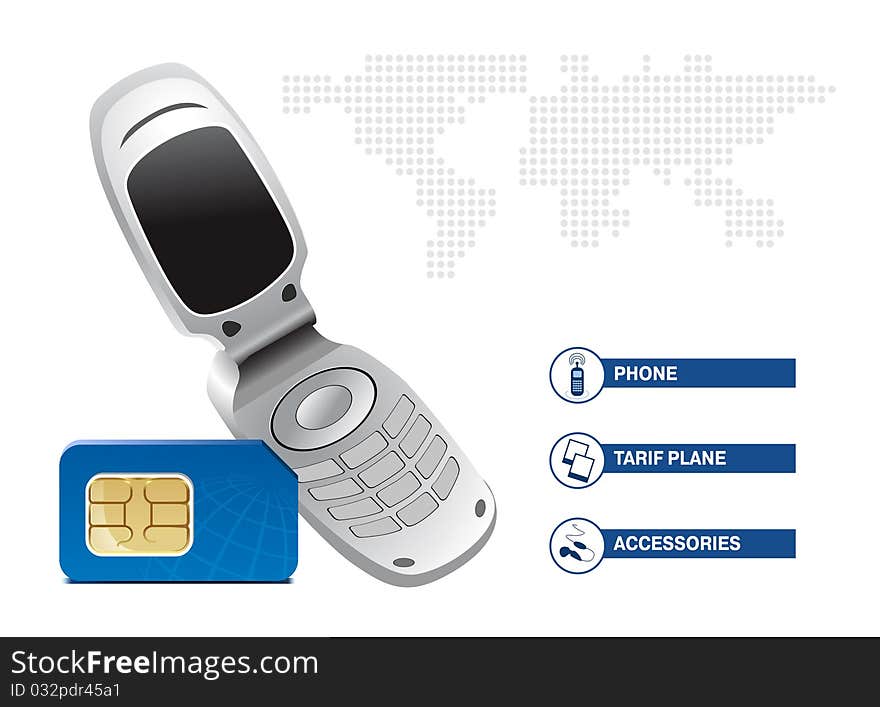 Mobile phone with SIM card on white background. Template design