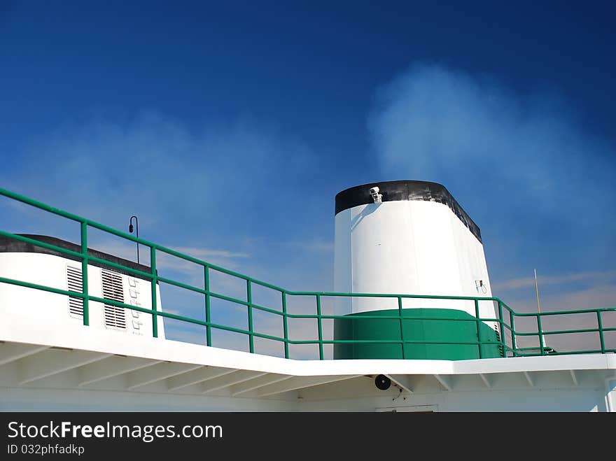 Boat Chimney Steam On Blue Sky