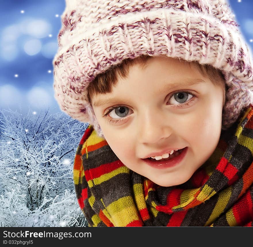 Little girl four years old with winter landscape background. Little girl four years old with winter landscape background