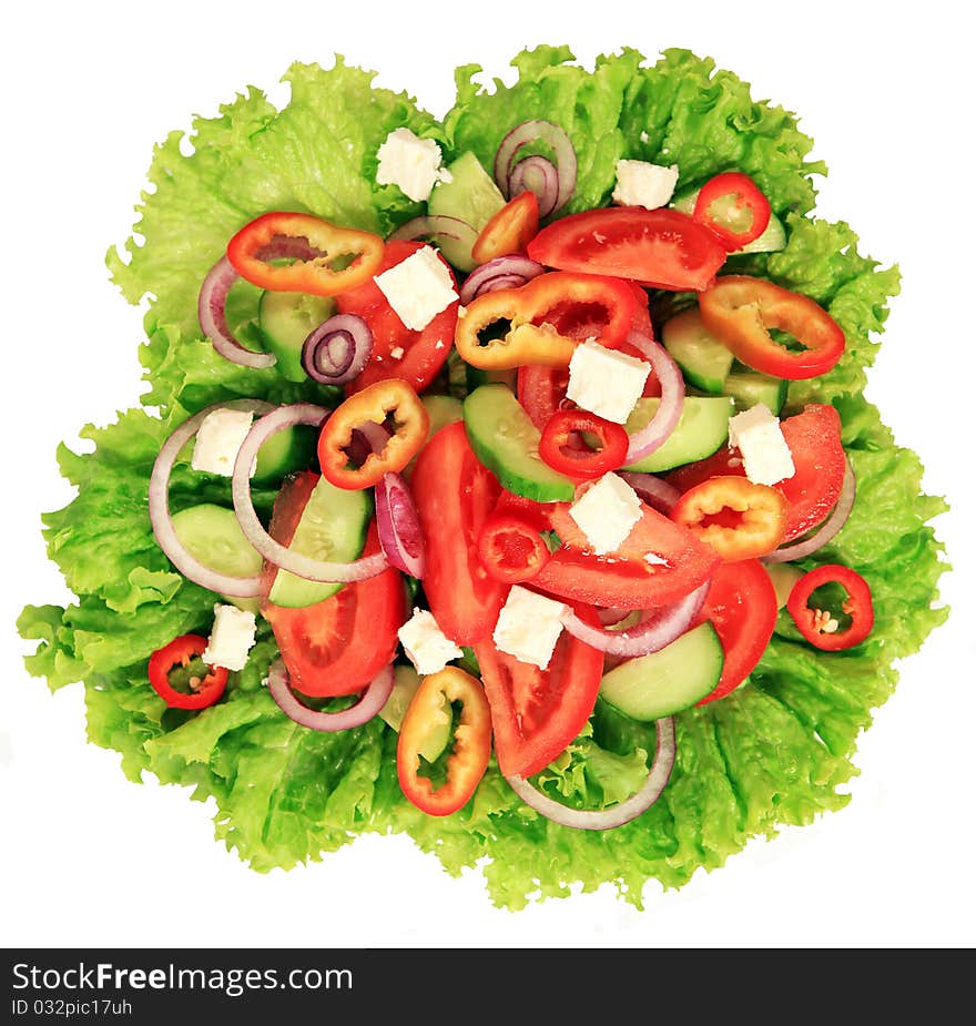 Close-up of greek salad isolated on white