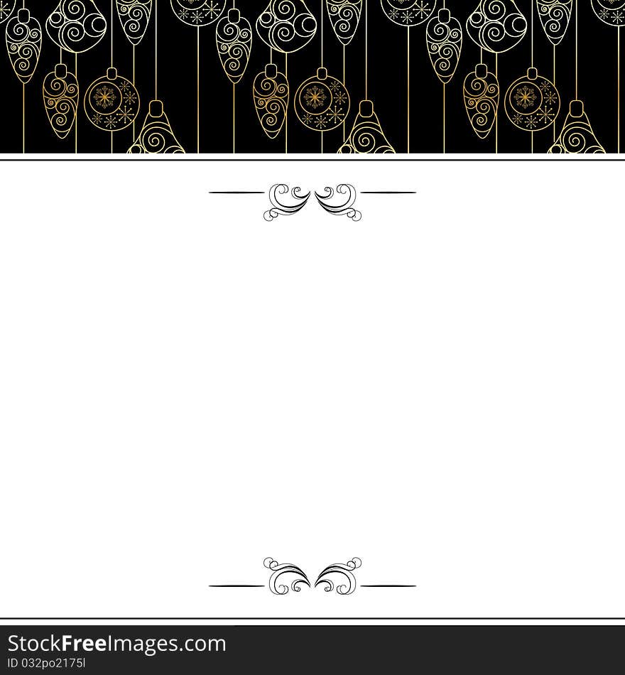 Black-and-white background with contour hanging gold balls. Black-and-white background with contour hanging gold balls