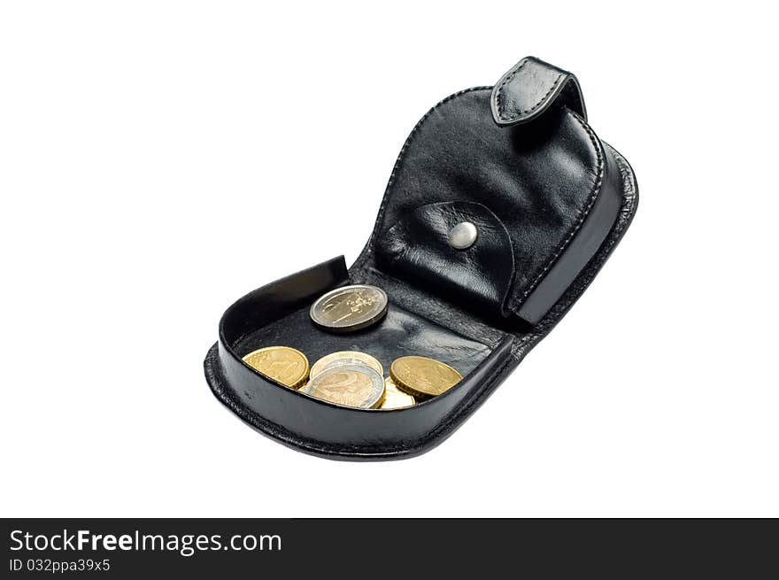 Black purse and money on white background